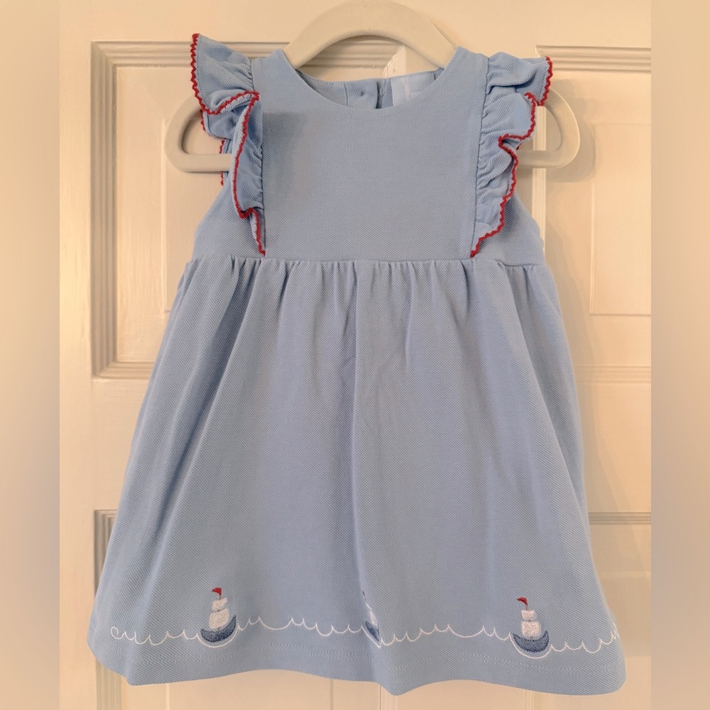 Bella Bliss Blue Pique Dress with Embroidered Boats, 2T